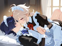 2boys apron black_dress black_hair blunt_ends bow bowtie dress frilled_apron frills genshin_impact hair_between_eyes hair_ornament highres kaedehara_kazuha long_hair low_ponytail maid maid_apron maid_headdress male_focus multicolored_hair multiple_boys open_mouth ponytail purple_bow purple_bowtie purple_eyes red_bow red_bowtie red_eyes red_hair rrr_gns_(riuriu_1212) scaramouche_(genshin_impact) short_hair smile streaked_hair trap waist_apron wanderer_(genshin_impact) white_apron white_hair yaoi