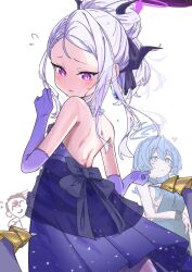 1boy 2girls ako_(blue_archive) ako_(dress)_(blue_archive) back black_halo blue_archive blue_eyes blue_hair blue_halo breasts demon_girl demon_horns demon_wings doodle_sensei_(blue_archive) dress halo highres hina_(blue_archive) hina_(dress)_(blue_archive) horns long_hair multiple_girls purple_dress purple_eyes sensei_(blue_archive) shinshin_(ssnsn_oekaki) small_breasts white_hair wings