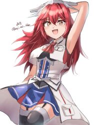 1girl arm_behind_head artist_name ascot black_garter_straps blue_overskirt blue_skirt breast_pocket breasts garter_straps headgear highres kantai_collection large_breasts long_hair looking_at_viewer military_uniform one-hour_drawing_challenge overskirt phoenix_(kancolle) pleated_skirt pocket red_ascot red_eyes red_hair simple_background skirt sleeveless sleeveless_jacket smile solo twitter_username white_background white_overskirt wiwo
