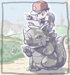 backpack bag dirt_road fingerless_gloves gen_1_pokemon gloves grass hill mountain murasaki_no_ryuuki nintendo pointing poke_ball poke_ball_(basic) pokemon pokemon_(creature) pokemon_rgby red_(pokemon) red_eyes red_headwear rhydon riding riding_pokemon road