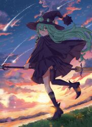 1girl :o absurdres asymmetrical_legwear black_dress broom broom_riding clip_studio_paint_(medium) cloud comet date_a_live dress gem grass green_eyes green_gemstone green_hair hair_between_eyes hat highres karome_631 kyouno_natsumi leg_up long_hair long_sleeves open_mouth outdoors solo sun sunset uneven_legwear witch_hat