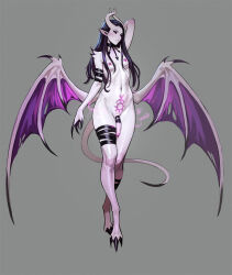 1girl arm_behind_head arm_up black_hair black_sclera chaos_(warhammer) claws collar colored_sclera colored_skin commentary completely_nude daemon_(warhammer) daemonette demon_girl demon_wings digitigrade english_commentary futanari grey_background highres horns long_hair looking_at_viewer monster_girl navel nipples nude parted_lips penis pointy_ears pubic_tattoo shoulder_spikes simple_background sketch slaanesh_(symbol) solo spikes stomach tail tarakanovich tattoo warhammer_40k white_skin wings