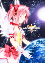 Rule 34 | 10s, 1girl, bow, choker, closed eyes, earth (planet), female focus, gloves, hair bow, hair ribbon, kaname madoka, kaname madoka (magical girl), mahou shoujo madoka magica, mahou shoujo madoka magica (anime), moon, pink hair, planet, ribbon, solo, star (symbol), tom (1art.), white gloves, wings