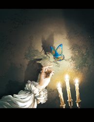 1girl bug butterfly candle candlelight candlestand commentary different_shadow english_commentary fairy frilled_sleeves frills hand_focus highres insect kobone_awaki letterboxed light light_particles long_sleeves original out_of_frame shadow wall