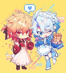 2boys :d alternate_costume antenna_hair apron bl_tarock black_shoes blonde_hair blue_eyes blue_jacket braid chibi chibi_only crossdressing cup facial_tattoo gradient_hair hair_between_eyes heart holding holding_cup holding_plate honkai:_star_rail honkai_(series) jacket loose_socks maid_apron maid_headdress male_focus medium_hair multicolored_hair multiple_boys mydei_(honkai:_star_rail) one_eye_closed open_mouth phainon_(honkai:_star_rail) plate ponytail red_hair red_jacket red_tattoo shoes short_hair side_braid simple_background smile socks spoken_heart tattoo very_long_sleeves white_hair white_shoes yellow_background yellow_eyes