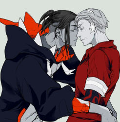 2boys arms_around_waist closed_mouth collared_shirt commentary_request dark-skinned_male dark_skin earrings eye_contact from_side grey_background grey_shirt hair_down hood hood_down hoodie imminent_kiss jewelry kabu_(pokemon) long_sleeves looking_at_another male_focus mature_male miyare_s multiple_boys nintendo piercing pokemon pokemon_swsh profile raihan_(pokemon) red_shirt shirt short_hair simple_background stud_earrings two-sided_hoodie undercut wing_collar yaoi