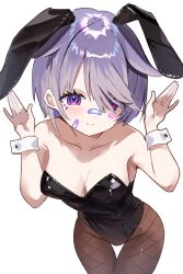 1girl absurdres alternate_breast_size animal_ears bandaid bandaid_on_face bandaid_on_nose black_leotard breasts detached_collar dress fake_animal_ears fishnet_pantyhose fishnets forgottencat1 gem grey_hair hair_over_one_eye highleg highleg_leotard highres hololive hololive_english jewel_under_eye koseki_bijou leotard looking_at_viewer medium_breasts official_alternate_hairstyle pantyhose playboy_bunny purple_eyes purple_gemstone rabbit_ears short_hair smile solo strapless strapless_leotard virtual_youtuber wrist_cuffs