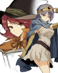 2girls absurdres ahoge aqua_cloak black_eyes black_hat blue_hair book cape circlet commentary_request cowboy_shot dragon_quest dragon_quest_iii dress earrings elbow_gloves gem gloves gold_circlet hat highres jewelry licking_lips long_hair looking_to_the_side mage_(dq3) multiple_girls orange_cape parted_lips pink_eyes pink_hair red_gemstone sage_(dq3) sato_sio_(si00x) short_hair sphere_earrings strapless strapless_dress stud_earrings tongue tongue_out upper_body white_background white_dress witch_hat yellow_gloves