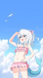 1girl absurdres bikini blue_eyes blue_nails blue_sky blue_streaks cloud cloudy_sky fins fish_tail frilled_bikini frilled_skirt frills gawr_gura gills hand_on_own_hip heart heart_tattoo highres hololive hololive_english nail_polish navel open_mouth pink_skirt shading_eyes shark_girl shark_tail sharp_teeth skirt sky solo swimsuit tail tattoo teeth ugaaaa1 virtual_youtuber white_bikini white_hair