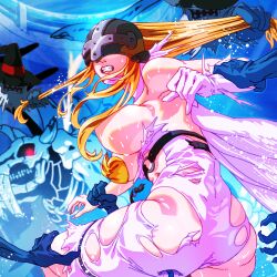 1girl angel angel_girl angewomon ass bakemon blonde_hair breasts cleavage clothing_cutout curvy digimon digimon_(creature) digimon_adventure:_(2020) fighting gerusyu head_wings highres large_breasts long_hair mask navel_cutout o-ring restrained revealing_clothes sexually_suggestive shiny_skin skullbaluchimon soulmon sweat sweatdrop torn_clothes very_long_hair wide_hips wings