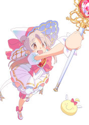 absurdres bow bowtie commentary_request dress frilled_dress frills grey_hair hat highres magical_girl mascot onii-chan_wa_oshimai! open_mouth oyama_mahiro pink_bow pink_bowtie shoes smile sparkle staff tanpaku_(oqu_2) witch_hat yellow_eyes