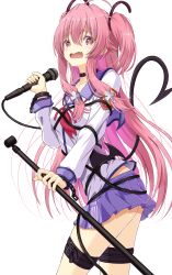 Rule 34 | 1girl, ahoge, angel beats!, ass, black choker, blue skirt, blush, choker, commentary, cowboy shot, cuffs, demon tail, eyelashes, eyes visible through hair, fake tail, fang, hair between eyes, hand up, handcuffs, heaven burns red, highres, holding, holding microphone, holding microphone stand, long hair, long sleeves, looking at viewer, microphone, microphone stand, midriff peek, miniskirt, mochimugi rice, neckerchief, open mouth, pink eyes, pink hair, pink neckerchief, pleated skirt, raised eyebrows, shinda sekai sensen uniform, shirt, sidelocks, simple background, skin fang, skirt, solo, straight hair, tail, tail raised, tearing up, tears, thigh strap, two side up, very long hair, white background, white shirt, yellow pupils, yui (angel beats!)