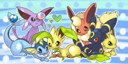 Rule 34 | :3, :o, blue background, blue eyes, brown eyes, choko (sweetpocket), commentary request, creature, creature focus, espeon, fang, flareon, forehead jewel, full body, gem, gen 1 pokemon, gen 2 pokemon, gen 4 pokemon, green eyes, happy, jolteon, leafeon, light blush, looking to the side, looking up, lying, nintendo, no humans, on stomach, one eye closed, open mouth, poke ball, pokemon, pokemon (creature), polka dot, polka dot background, red eyes, red gemstone, serious, sitting, umbreon, vaporeon