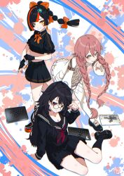 3girls absurdres amayui_moka arcade_stick black_hair black_sailor_collar black_serafuku blunt_bangs braid breasts brown_hair choya_hanabi cleavage controller facial_mark game_controller glasses heibon_banana highres joystick kisaragi_ren_(5th_costume) kisaragi_ren_(vtuber) leverless_arcade_stick long_hair looking_at_viewer midriff multicolored_hair multiple_girls neckerchief ponytail red_eyes red_hair red_neckerchief sailor_collar school_uniform serafuku sitting skirt streaked_hair twin_braids virtual_youtuber vspo!