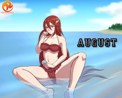 1girl barefoot beach bikini breasts cleavage cordelia_(fire_emblem) fire_emblem fire_emblem_awakening frilled_bikini frills hair_ornament highres long_hair navel nintendo ocean red_bikini red_eyes red_hair reit sand sitting sitting_on_water sky swimsuit tree very_long_hair water wing_hair_ornament
