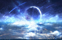 1girl arms_behind_back blurry brown_hair cloud czy_(2894456992) dark female_focus grass highres horizon lens_flare light_particles long_hair looking_afar meteor meteor_shower moon night night_sky original scenery signature skirt sky solo star_(sky) starry_sky surreal thighhighs white_thighhighs