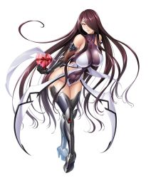 1girl boots breasts curvy female_focus fuuma_saika gloves hair_over_one_eye high_heel_boots high_heels highleg highres impossible_clothes impossible_leotard large_breasts leotard lilith-soft long_hair orange_eyes shiny_clothes shiny_skin solo taimanin_(series) taimanin_asagi taimanin_rpgx valentine zol