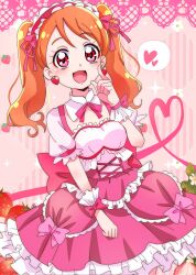 1girl alternate_costume anime_coloring argyle_background back_bow bow bow_skirt bowtie brown_hair clenched_hand collar cowboy_shot cross-laced_clothes cross-laced_skirt detached_collar earrings eyelashes food-themed_earrings food_themed_earrings frilled_hairband frilled_skirt frilled_sleeves frills hair_ribbon hairband hand_on_lap hand_on_own_cheek hand_on_own_face happy heart high-waist_skirt highres jewelry kirakira_precure_a_la_mode large_bow light_blush lolita_hairband long_hair looking_at_viewer miniskirt momotarouooi official_style open_mouth pink_background pink_bow pink_bowtie pink_eyes pink_hairband pink_ribbon pink_skirt precure puffy_short_sleeves puffy_sleeves ribbon shirt short_sleeves skirt smile solo spoken_heart square_neckline standing strawberry_background strawberry_earrings tareme twintails usami_ichika wavy_hair white_collar white_shirt white_wrist_cuffs wrist_bow wrist_cuffs