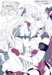 2girls absurdres armband blush cape closed_eyes closed_mouth commentary_request demon_tail dress flying_sweatdrops gloves hair_ribbon hand_on_another&#039;s_shoulder hand_on_another&#039;s_waist heart high-waist_pants highres horns kiss long_hair looking_at_another miyachi_(tanya_visha) multiple_girls pants phoebe_(wuthering_waves) puckered_lips purple_gloves ribbon sitting sitting_on_lap sitting_on_person sweat sweatdrop tail wuthering_waves yuri zani_(wuthering_waves)
