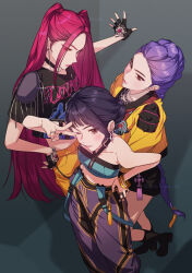 Rule 34 | 3girls, black gloves, black hair, braid, braided ponytail, choker, commentary request, cutie pie sik, double bun, earrings, fingerless gloves, from above, gloves, hair bun, hand on own hip, highres, jewelry, korean commentary, kpop demon hunters, looking at viewer, looking up, mira (kpop demon hunters), multiple girls, one eye closed, pants, pink hair, purple hair, ring, rumi (kpop demon hunters), sidelocks, smile, twintails, zoey (kpop demon hunters)