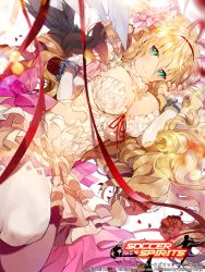 1girl antenna_hair arm_warmers bad_id bad_pixiv_id blonde_hair blue_eyes bow breasts chain cleavage closed_mouth cuffs dress dutch_angle elua eyebrows feathered_wings female_focus gradient_hair hair_bow hairband large_breasts layered_dress long_hair looking_at_viewer multicolored_hair original pink_bow pink_hair red_ribbon ribbon shackles single_wing smile soccer_spirits solo sukja thighhighs very_long_hair wavy_hair white_dress white_thighhighs white_wings wings