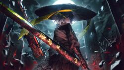 1girl backlighting bandage_over_one_eye bandaged_arm bandaged_hand bandages chain closed_mouth dual_wielding eye_trail faust_(project_moon) from_behind full_moon game_cg glowing glowing_eye grey_hair grey_scarf hat heishou_pack-mao_branch_(identity)_(project_moon) highres holding holding_sword holding_weapon light_trail limbus_company looking_at_viewer moon nai_ga night official_art project_moon rice_hat runes scarf short_hair solo standing sword weapon yellow_eyes