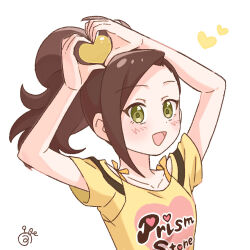 1girl :d arm_up asymmetrical_bangs brown_hair collarbone green_eyes heart heart_hands high_ponytail looking_at_viewer open_mouth ponytail portrait pretty_rhythm pretty_rhythm_dear_my_future pretty_series print_shirt shijimi_karin shirt short_sleeves signature simple_background smile solo unopre white_background yellow_shirt