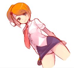 1girl arms_behind_back blue_skirt female_focus grey_eyes hair_ornament hairpin microphone miniskirt minna_no_rhythm_tengoku naso4 necktie orange_hair panties pantyshot red_necktie reporter_(rhythm_tengoku) rhythm_tengoku shirt short_sleeves side_ponytail skirt smile solo standing underwear upskirt white_panties white_shirt