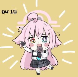 Rule 34 | 1girl, ahoge, blue archive, blue eyes, chibi, e v e neko, gloves, halo, heterochromia, highres, holding, hoshino (blue archive), long hair, microphone, necktie, pink hair, skirt, solo