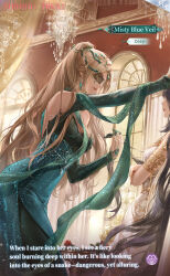 2girls alcohol artist_request bare_shoulders blind blonde_hair breasts champagne chandelier character_name cleavage closed_mouth clothing_cutout commentary copyright_name crossed_arms cup day dress drinking_glass earrings english_commentary english_text face-to-face glowing_crown_(shining_nikki) gold_armlet green_dress green_ribbon green_shawl grey_hair hair_ribbon hand_on_wall highres indoors jewelry kabedon lace lace_blindfold large_breasts light_particles lilith_(shining_nikki) lipstick logo long_dress long_hair long_sleeves makeup misty_blue_veil_(shining_nikki) multiple_girls nikki_(series) official_art outstretched_arm pointy_nose ponytail red_lips ribbon second-party_source shining_nikki shoulder_cutout sleeves_past_wrists smile solo_focus very_long_hair wavy_hair white_dress window wine_glass zoey_(shining_nikki)