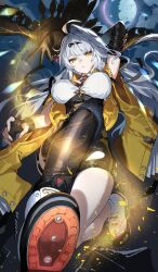 1girl :o absurdres ahoge amagasa_yun arm_behind_head asymmetrical_gloves bird black_bird black_gloves black_shoes black_shorts black_thighhighs breasts commentary_request fingerless_gloves gloves grey_hair hair_between_eyes hair_ornament high-waist_shorts highres jacket large_breasts long_hair looking_at_viewer moon multicolored_shoes open_clothes open_jacket parted_lips shirt shoes shorts single_hair_intake single_thighhigh sleeveless sleeveless_shirt solo thighhighs two-tone_shoes uneven_bangs uneven_gloves very_long_hair white_shirt white_shoes yellow_eyes yellow_jacket yi_xuan_(zenless_zone_zero) zenless_zone_zero