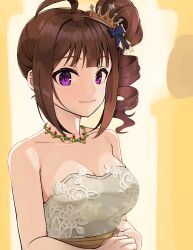 1girl ahoge blush breasts brown_hair cleavage collarbone crown dress highres idolmaster idolmaster_million_live! kamille_(vcx68) light_smile looking_at_viewer medium_breasts mini_crown purple_eyes side_ponytail sidelocks solo strapless strapless_dress upper_body wedding_dress white_dress yokoyama_nao