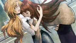 2girls arm_belt belt black_belt black_pantyhose black_ribbon black_shorts black_trim blonde_hair breasts brown_hair brown_jacket buttons closed_eyes collared_shirt crying dutch_angle face_to_breasts fingernails flying_teardrops game_cg glasses hair_between_eyes hair_over_shoulder hand_up high_collar highres huke jacket jacket_partially_removed kiryuu_moeka leaning_on_person leather_belt long_hair looking_at_another makise_kurisu medium_breasts miniskirt multiple_girls non-web_source official_art open_mouth outdoors pantyhose pink_eyes purple_trim ribbon ringed_eyes road shiny_lips shirt shorts skirt sleeve_slit small_breasts square_pupils steins;gate steins;gate:_linear_bounded_phenogram street surprised thick_thighs thighs white_belt white_shirt wide-eyed