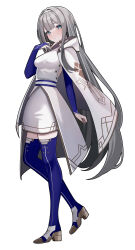 1girl :o absurdres backless_outfit blue_eyes blunt_bangs boots breasts cloak coattails commission commissioner_upload elbow_gloves ender_lilies_quietus_of_the_knights ender_magnolia_bloom_in_the_mist eyelashes fingerless_gloves full_body gloves hairband highres hood hood_down hooded_cloak lilia_(ender_magnolia) long_hair looking_at_viewer medium_breasts non-web_source petite skirt thigh_boots wayanfa white_hair
