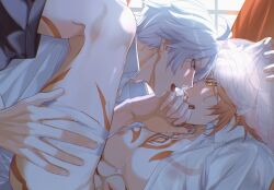 2boys alternate_costume antenna_hair blonde_hair blue_eyes blush braid bridal_veil chest_tattoo collared_shirt commentary_request eye_contact facial_tattoo gradient_hair hair_between_eyes hand_on_another&#039;s_thigh highres holding_veil honkai:_star_rail honkai_(series) implied_sex licking_another&#039;s_finger looking_at_another male_focus medium_hair multicolored_hair multiple_boys mydei_(honkai:_star_rail) nomo_1nu open_clothes open_shirt phainon_(honkai:_star_rail) red_hair red_tattoo see-through_clothes see-through_shirt shirt short_hair side_braid tattoo veil white_hair window yaoi yellow_eyes