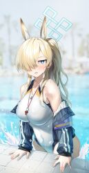 Rule 34 | 1girl, absurdres, animal ear fluff, animal ears, armband, blonde hair, blue archive, blue eyes, blue halo, blurry, blurry background, blush, breasts, competition swimsuit, day, depth of field, dog ears, extra ears, hair over one eye, halo, highleg, highleg one-piece swimsuit, highres, jacket, kanna (blue archive), kanna (swimsuit) (blue archive), large breasts, long hair, long sleeves, looking at viewer, notched ear, off shoulder, official alternate costume, one-piece swimsuit, open clothes, open jacket, outdoors, ponytail, pool, poolside, purple armband, sharp teeth, solo, swimsuit, teeth, walking nakta, water, wet, whistle, whistle around neck, white one-piece swimsuit