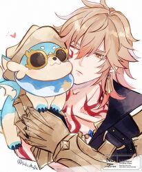 1boy black_coat blonde_hair braid bubbles_(honkai:_star_rail) chest_tattoo chimera_(honkai:_star_rail) clawed_gauntlets coat commentary_request creature facial_tattoo gradient_hair hair_between_eyes highres holding holding_creature honkai:_star_rail honkai_(series) male_focus medium_hair multicolored_hair mydei_(honkai:_star_rail) neck_tattoo one_eye_closed open_clothes open_coat red_hair red_tattoo sanko_(snks2muda) side_braid simple_background solo tattoo twitter_username watermark white_background yellow_eyes