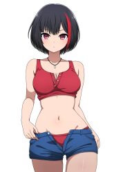 1girl alternate_costume bang_dream! bare_shoulders black_hair blue_shorts bob_cut breasts cleavage collar colored_bangs commentary crop_top highres looking_at_viewer medium_breasts mitake_ran multicolored_hair navel noshimurin pink_eyes red_eyes red_hair red_tank_top short_hair shorts simple_background solo streaked_hair tank_top two-tone_hair upper_body white_background