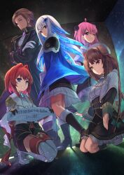 1boy 4girls ahoge aiguillette amane_sora ange_katrina animal_ears ankle_boots backlighting banner beard belmond_banderas beret black_boots black_coat black_gloves black_shorts black_skirt black_sleeves blue_cape blue_eyes blue_gemstone blue_hair boots bow braid breasts brown_facial_hair brown_hair cape capelet chinstrap_beard closed_mouth coat colored_inner_hair crossed_arms dark_skin dog_ears dog_girl dutch_angle english_text epaulettes facial_hair flower fold-over_boots frilled_skirt frills fur_trim gem gloves glowing glowing_hair gold_trim green_bow grin hair_bow hair_flower hair_intakes hair_ornament hair_slicked_back hairpin hat heterochromia high_heel_boots high_heels highres holding_banner idol_clothes indoors inui_toko jacket knee_boots kneeling lapels legwear_garter light_particles lize_helesta long_hair long_sidelocks long_sleeves looking_at_viewer looking_to_the_side low_twin_braids medium_skirt mixed-language_text mole mole_under_eye multicolored_hair multiple_girls nijisanji official_alternate_costume one_eye_closed pink_eyes pink_gemstone pink_hair pleated_skirt pom_pom_(clothes) pom_pom_hair_ornament purple_eyes purple_gemstone red_eyes red_hair sanbaka_(nijisanji) sasaki_saku shirt short_hair shorts shoulder_pads side_cape sidelocks single_ear_down skirt sleeve_cuffs small_breasts smile standing streaked_hair thigh_boots third-party_source translation_request twin_braids two-tone_hair underbust very_long_hair virtual_youtuber white_boots white_capelet white_gloves white_hair white_hat white_jacket white_shirt white_skirt yellow_eyes