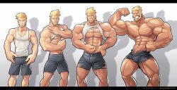 Rule 34 | 1boy, abs, absurdres, bara, bare pectorals, beard, blonde hair, bulge, facial hair, flexing, full beard, grin, highres, huge pectorals, large pectorals, male focus, mature male, multiple views, muscle growth, muscular, muscular male, navel, nipples, pectorals, shirt, short hair, silverjow, smile, standing, stomach, tank top, thick eyebrows, thick thighs, thighs, topless male, torn clothes, torn shirt, white tank top