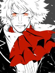 Rule 34 | 1boy, ascot, bruise, classicaloid, glowing, glowing eyes, greyscale, injury, looking at viewer, ludwig van beethoven (classicaloid), male focus, monochrome, moroi (moroiohs), red ascot, red eyes, short hair, simple background, solo, spot color, upper body