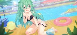 1girl ball beachball bikini black_bikini blush breasts date_a_live date_a_live:_spirit_pledge dutch_angle game_cg green_eyes green_hair innertube kyouno_natsumi long_hair official_art open_mouth plant pool small_breasts solo swim_ring swimsuit third-party_source v-shaped_eyebrows wardrobe_malfunction waterpark wavy_mouth