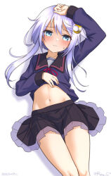 Rule 34 | 1girl, black sailor collar, black serafuku, blue eyes, blue serafuku, blush, crescent, crescent hair ornament, crescent pin, hair between eyes, hair ornament, kantai collection, long sleeves, looking at viewer, lying, pleated skirt, purple hair, ray.s, sailor collar, school uniform, serafuku, short hair, short hair with long locks, skirt, solo, sweatdrop, yayoi (kancolle)