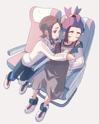 1boy 1girl brown_eyes brown_hair chair closed_eyes closed_mouth commentary eyelashes jacket juliana_(pokemon) kieran_(pokemon) long_sleeves nintendo pants pokemon pokemon_sv purple_hair shirt shoes sitting sleeping sleeveless sleeveless_shirt socks suimoku_(hzdg5322) white_jacket white_shoes