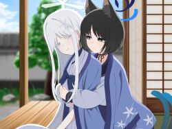 2girls animal_ear_fluff animal_ears black_choker black_eyes black_hair blue_archive blue_bow blue_haori blue_sailor_collar blush bob_cut bow cat_ears cat_girl cat_tail choker haori hug hug_from_behind japanese_clothes kikyou_(blue_archive) kuinanoda long_hair looking_at_another multiple_girls multiple_tails nagusa_(blue_archive) parted_bangs parted_lips sailor_collar shirt short_hair sidelocks smile tail two_tails white_eyes white_hair white_shirt