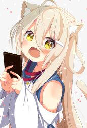 1girl :d absurdres ahoge animal_ear_fluff animal_ears bare_shoulders blonde_hair blush card cat_ears cat_girl cat_tail clothing_cutout commission detached_sleeves fang grey_background hair_between_eyes hair_ornament hairclip hands_up happy highres holding holding_card long_hair long_sleeves looking_at_viewer off_shoulder open_mouth original petals phone shiro9jira shirt shoulder_cutout sidelocks simple_background skeb_commission skin_fang sleeveless sleeves_past_wrists smile solo tail upper_body very_long_hair white_shirt wide_sleeves yellow_eyes