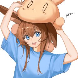 Rule 34 | 1girl, absurdres, amiya (arknights), animal ears, arknights, arms up, blue eyes, blue shirt, brown hair, commentary, double-parted bangs, eyelashes, hair between eyes, happy, highres, holding, holding stuffed toy, long bangs, long hair, long sidelocks, looking at viewer, omuretu (butterroru), open mouth, rabbit ears, rabbit girl, shirt, short sleeves, sidelocks, simple background, smile, solo, stuffed toy, t-shirt, teeth, upper body, upper teeth only, white background