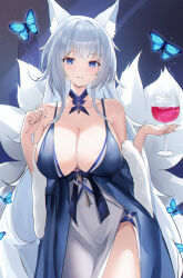 1girl absurdres animal_ear_fluff animal_ears azur_lane bare_shoulders blue_butterfly blue_collar blue_dress blue_eyes blush breasts bug butterfly cleavage collar cup dress drinking_glass feather_boa fox_ears fox_girl grey_hair hair_ornament halter_dress halterneck highres holding holding_cup insect kitsune kyuubi large_breasts large_tail long_hair looking_at_viewer multiple_tails official_alternate_costume shinano_(azur_lane) shinano_(dreams_of_the_hazy_moon)_(azur_lane) smile solo tail usagi_(786113654) very_long_hair white_tail wine_glass wrist_flower