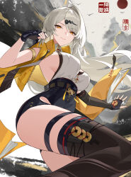 1girl absurdres armlet black_gloves black_sleeves breasts closed_mouth commentary_request detached_sleeves floating_hair gloves hair_ornament hairclip high-waist_shorts highres jacket jewelry knee_up large_breasts long_hair looking_to_the_side peacekeeper.45 shorts sideboob single_sleeve smile solo thighs white_hair yellow_eyes yellow_jacket yixuan_(zenless_zone_zero) zenless_zone_zero
