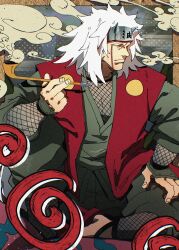 1boy absurdres black_eyes bracer closed_mouth elbow_on_knee facial_mark fake_horns film_grain fingernails fishnet_sleeves fishnets forehead_protector full_body green_jacket green_pants hand_on_own_thigh highres holding holding_smoking_pipe horns isaacchief300 jacket japanese_clothes jiraiya_(naruto) kiseru layered_clothes long_hair long_sleeves looking_to_the_side male_focus medium_hair naruto_(series) naruto_shippuuden nose open_clothes open_jacket pants red_jacket sandals sitting smoke smoking smoking_pipe solo spiral white_hair